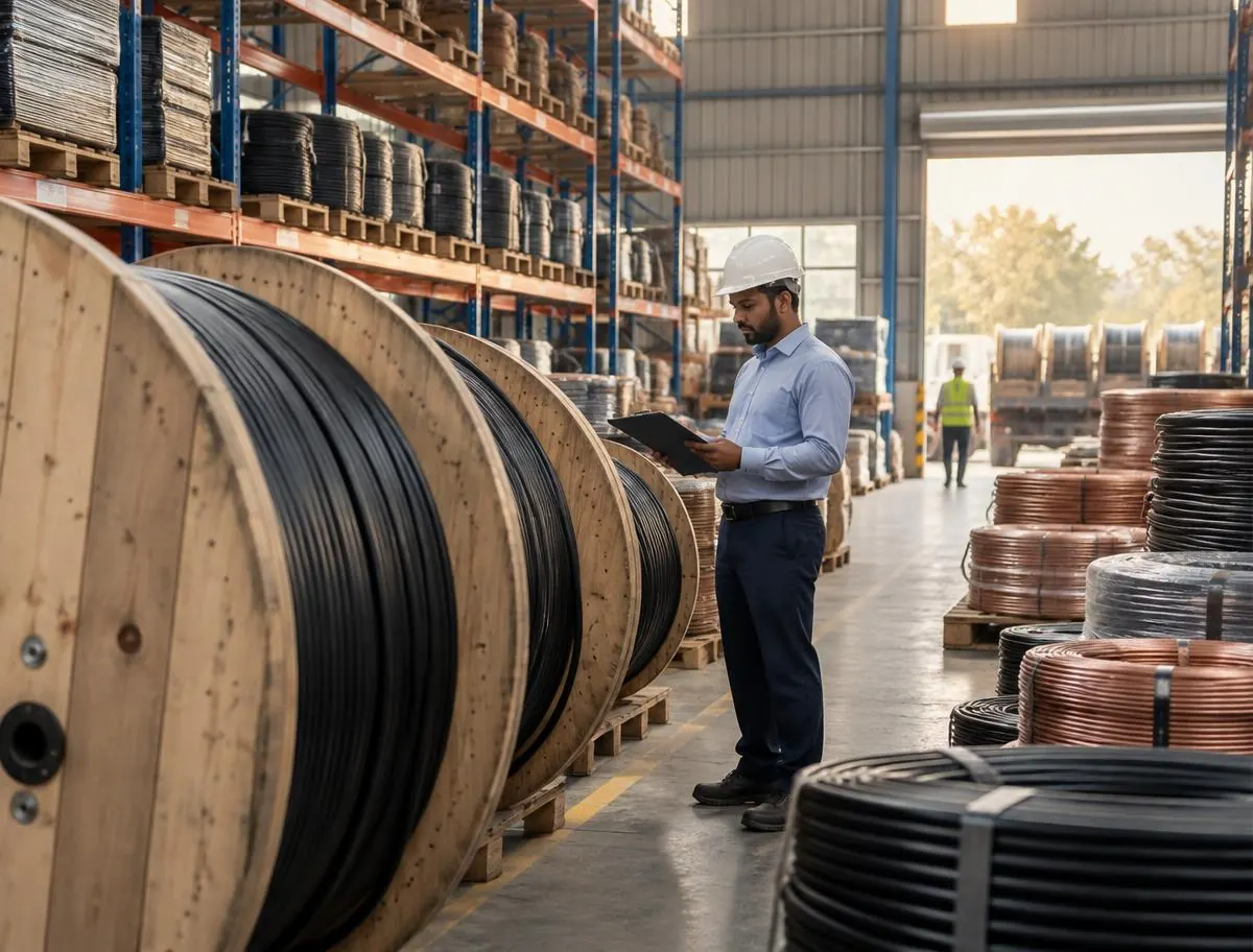 Drums of power cable in stock at a distribution warehouse